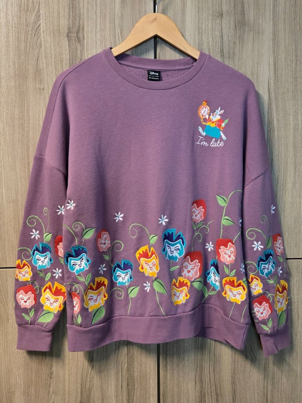 Disney Alice In Wonderland I'm Late Embroidered Sweatshirt Singing Pansies S